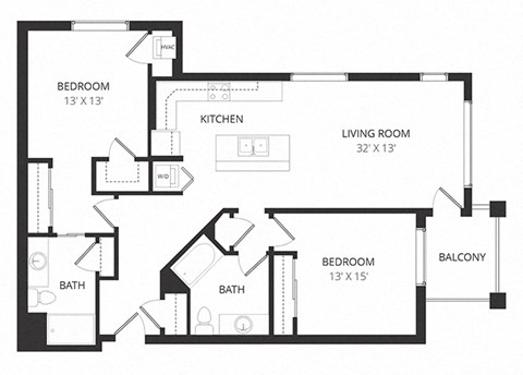 Floor plan for 2 beds, 2 baths, 1234 sqft